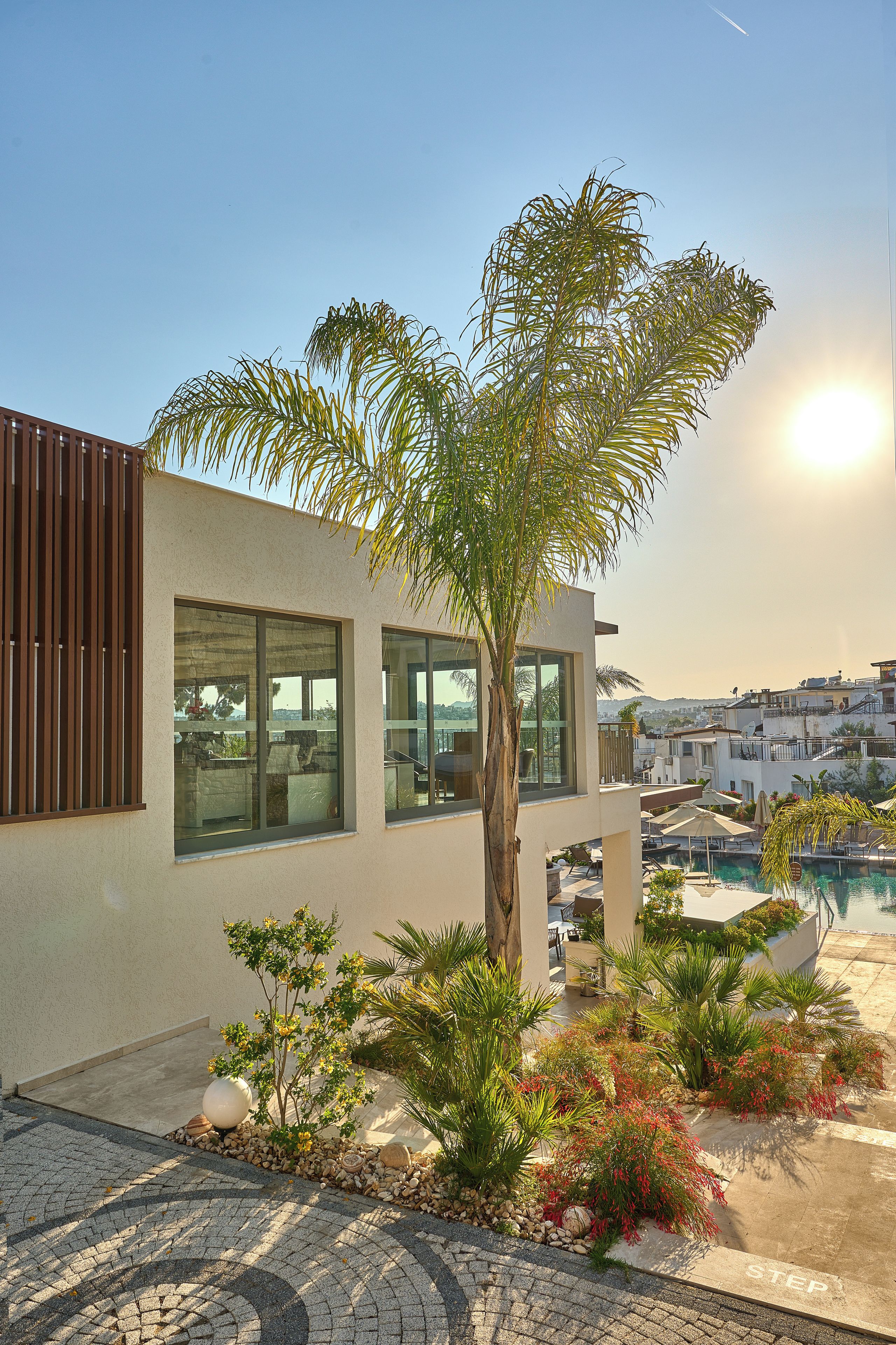 Un edificio moderno con amplios ventanales, piscina y jardín ajardinado con palmeras.