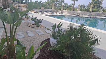Un espace piscine avec des chaises longues et des palmiers.