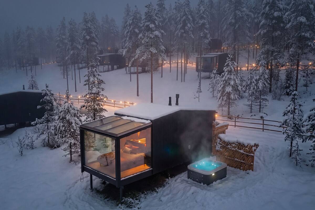 A snow-covered forest with a glass-enclosed cabin featuring a hot tub and a cozy interior.