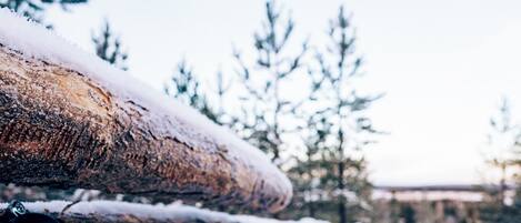 A snow-covered outdoor area with a wooden fence and string lights.