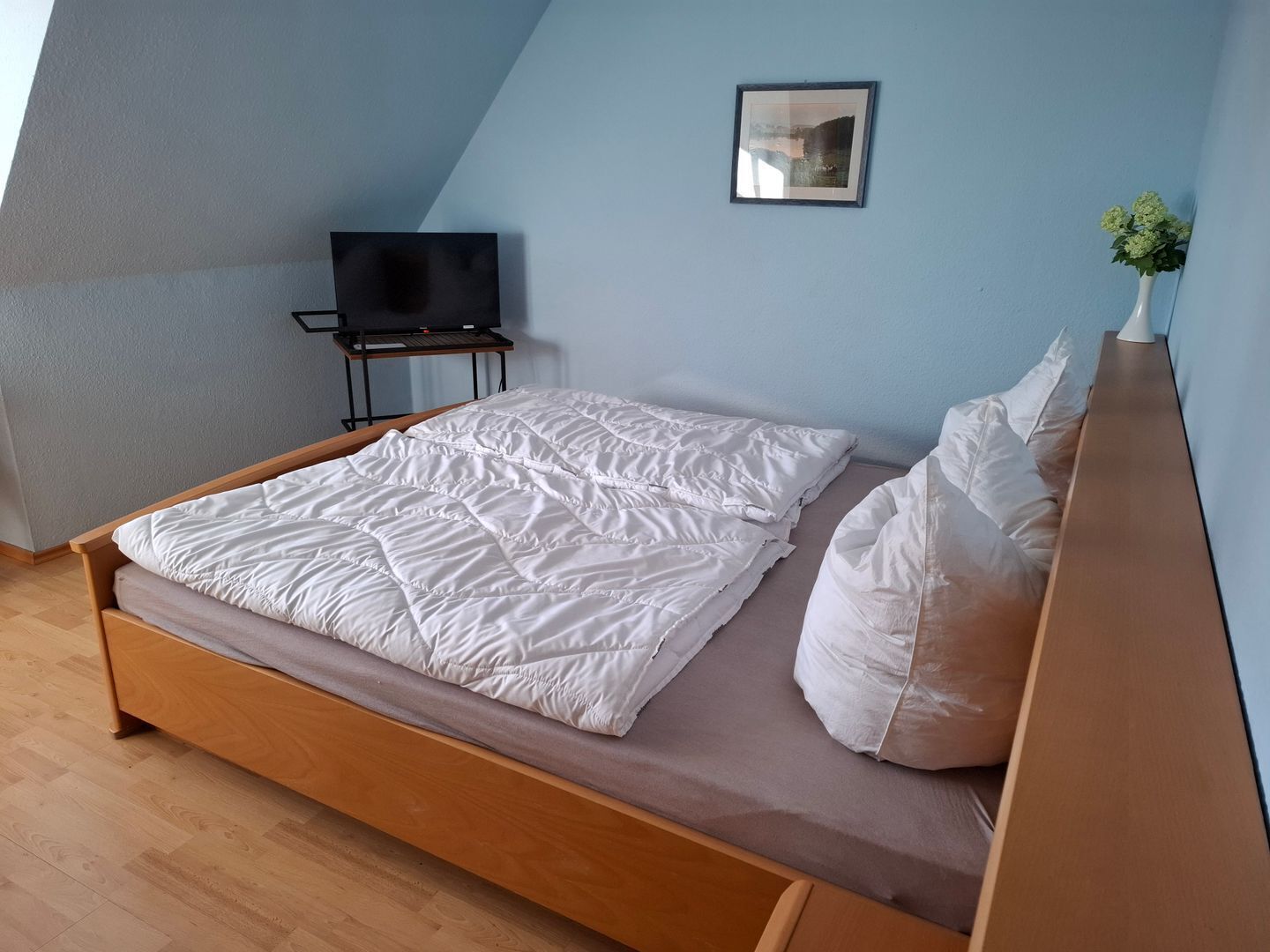 A bedroom with a wooden bed, a flat-screen TV on a stand, and a framed picture on the wall.