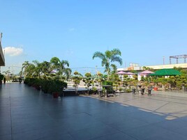 Una plaza al aire libre con suelo de baldosas, palmeras y zonas de estar con sombrillas.