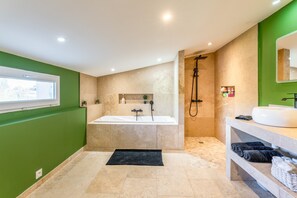 Shower, hair dryer, towels