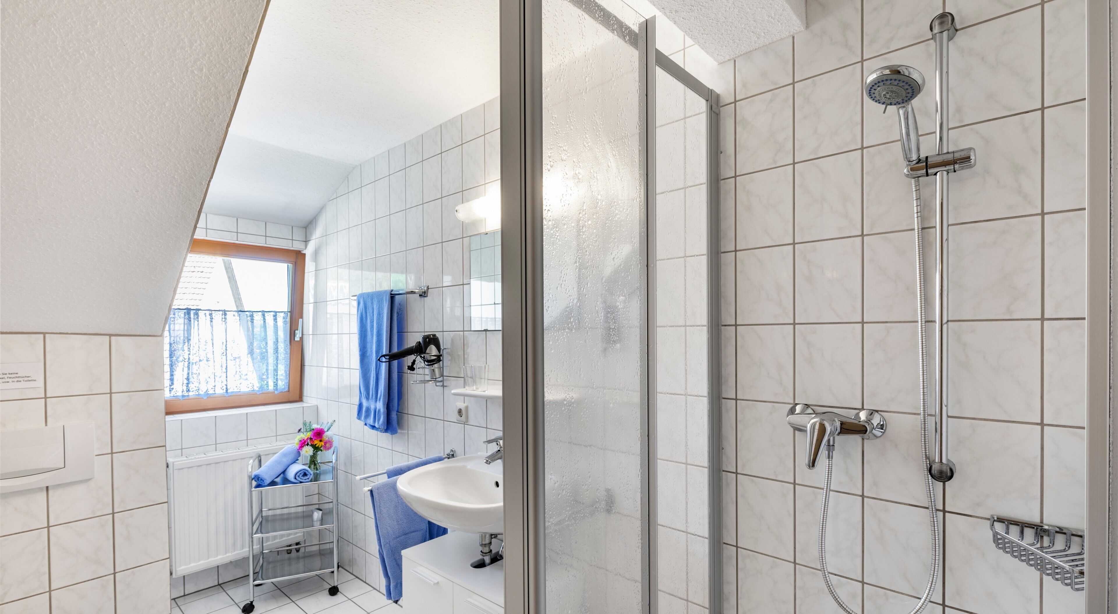 A modern bathroom with a shower, a sink, and a window.
