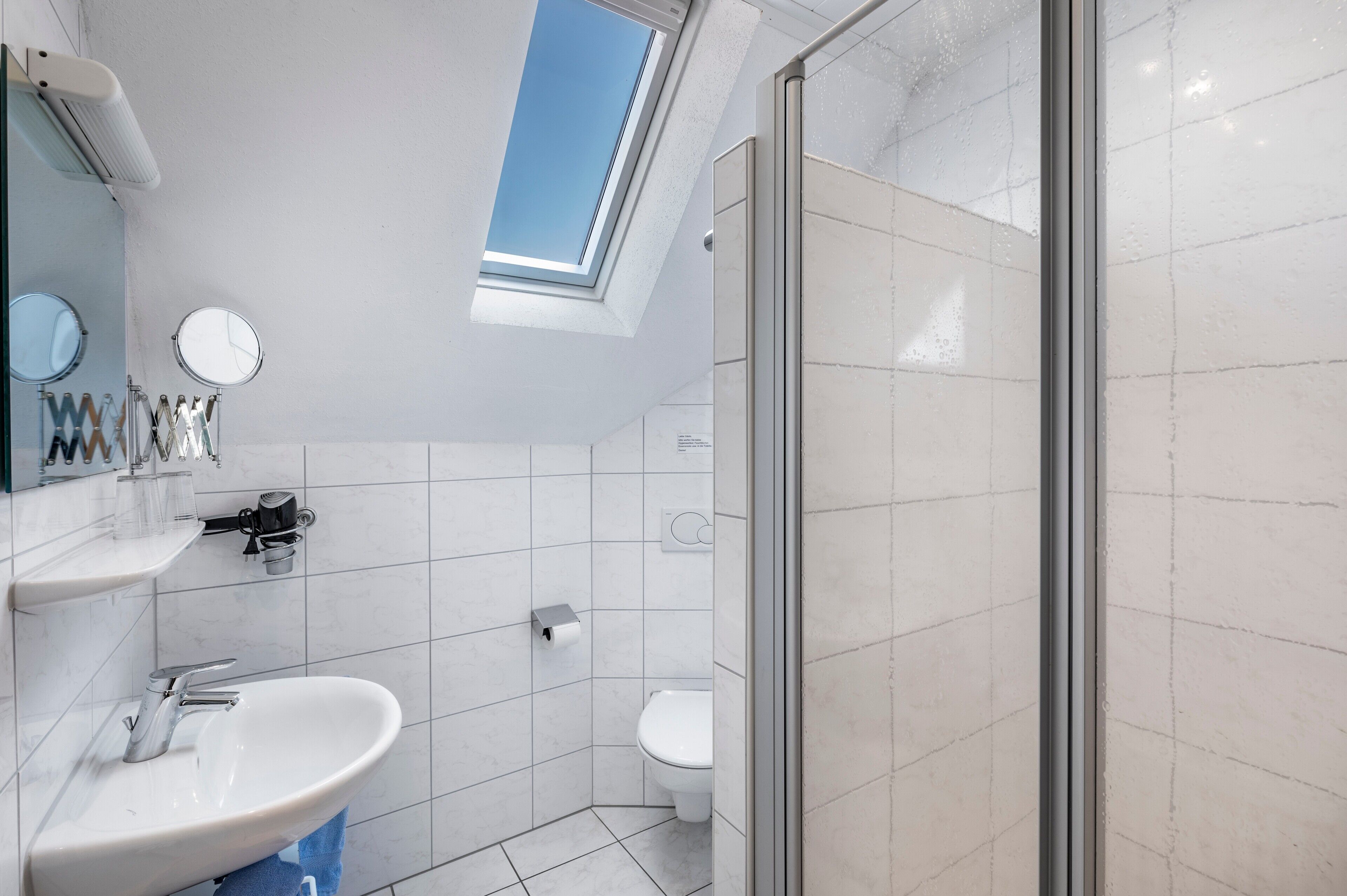 Ein modernes Badezimmer mit Dachfenster, einer Dusche, einer Toilette und einem Waschbecken mit Spiegel.