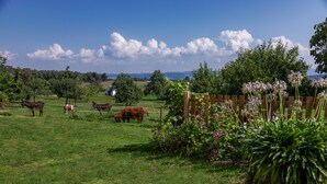A rural landscape with green fields, a wooden fence, and a clear blue sky. - Holiday Apartment '3' with Mountain View, Shared Garden and Wi-Fi (Owingen)