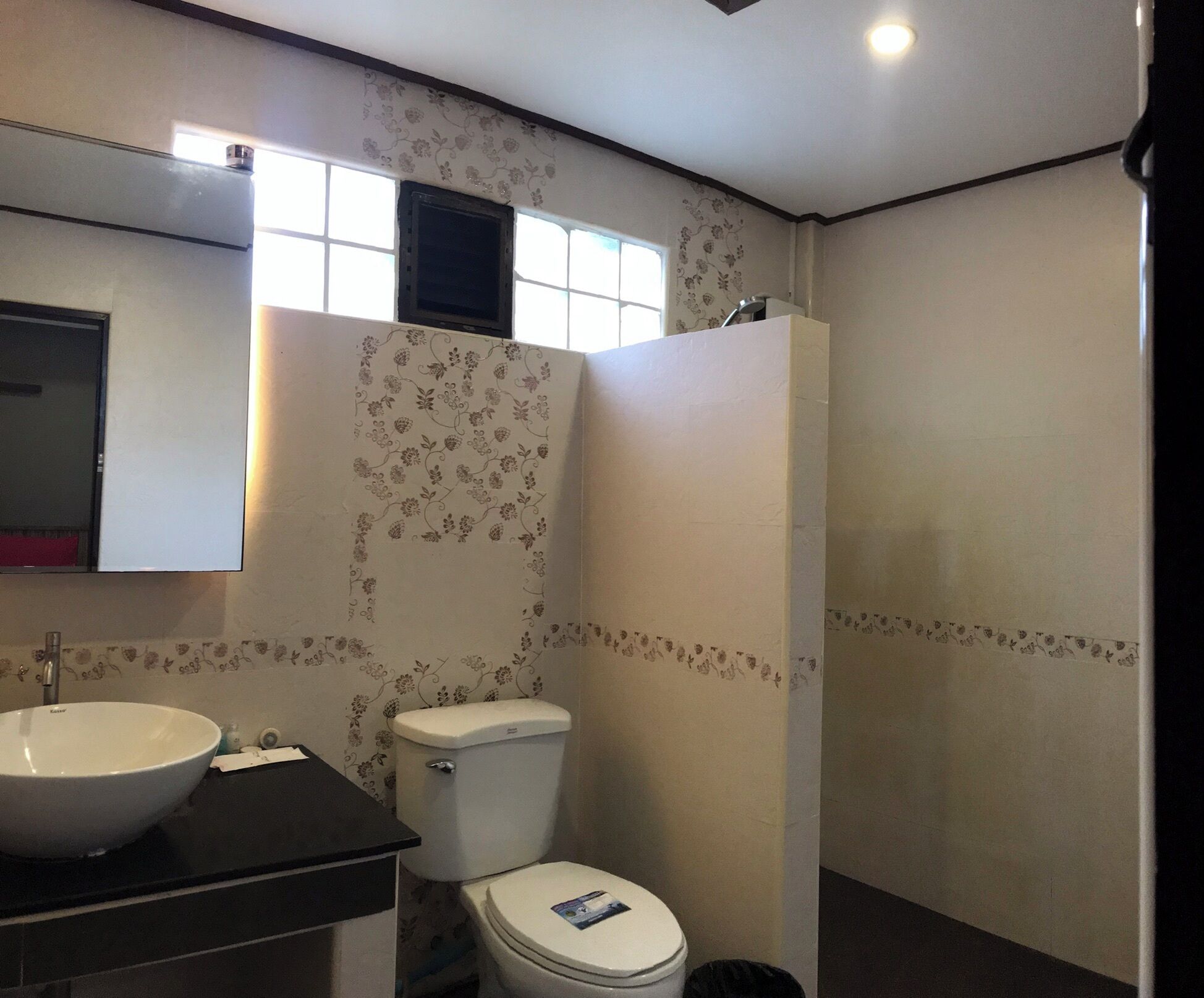 A bathroom with a white toilet, a vessel sink, and a shower.