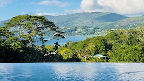 A pool with a view of a lake and mountains.
