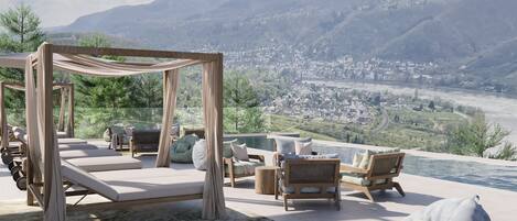 Indoor pool, seasonal outdoor pool, free pool cabanas, pool umbrellas
