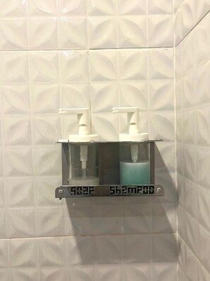 Ducha, toallas, jabón y champú