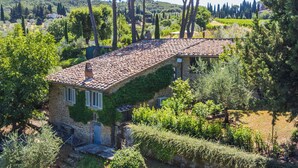 Une maison en pierre avec un toit de tuiles, entourée d’une végétation luxuriante et d’arbres.
