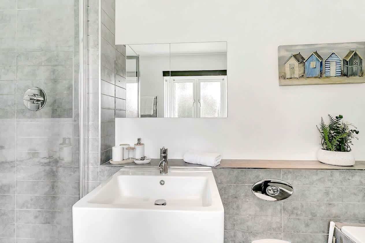 Une salle de bain moderne avec un grand lavabo, un miroir et une plante en pot.