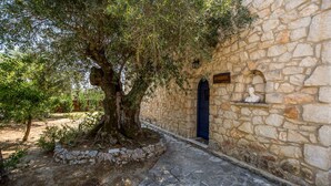 Un bâtiment en pierre avec une porte bleue, un mur en pierre et un arbre devant.