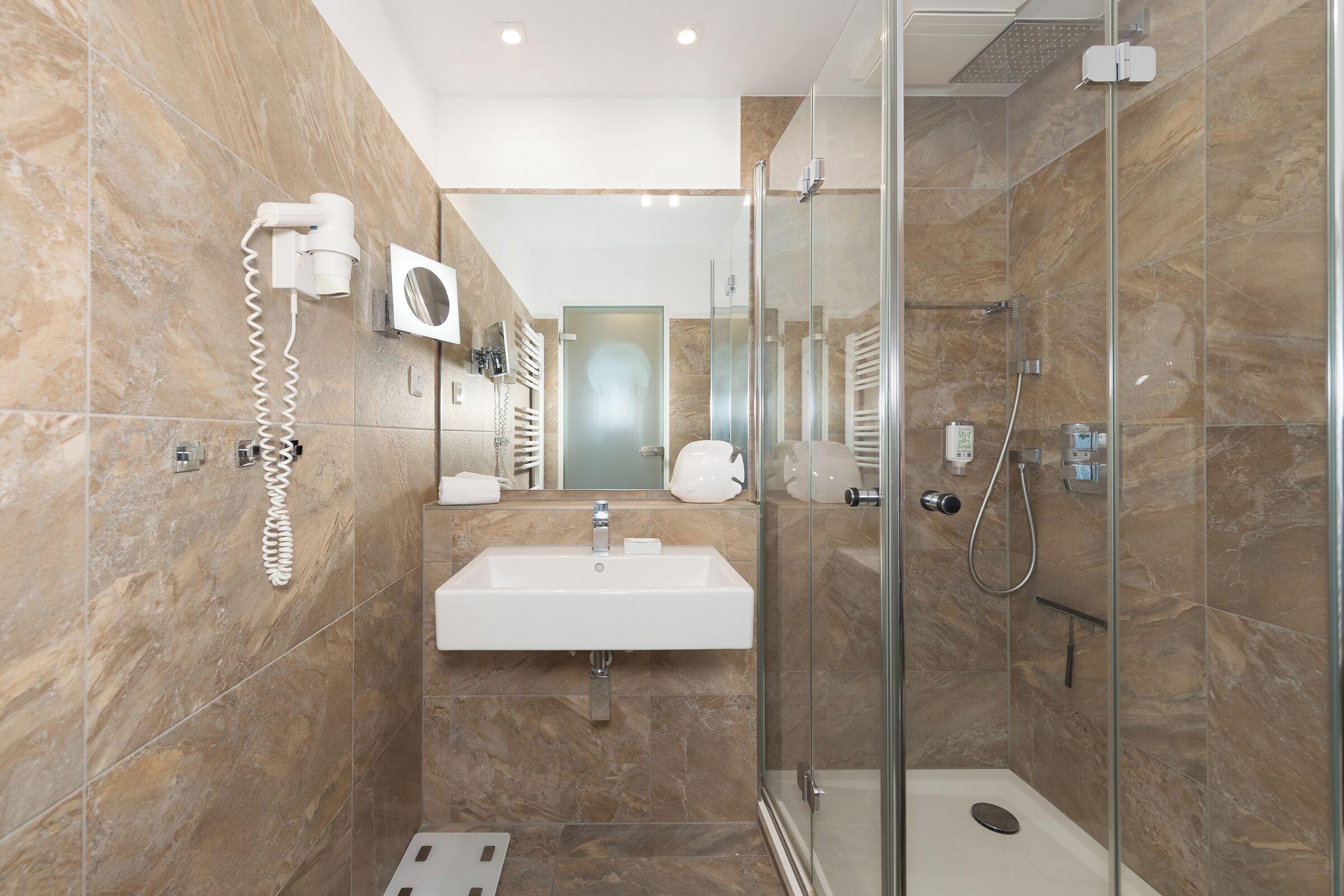 Shower, hair dryer, towels