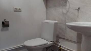 A small bathroom with a toilet, a sink, and a shower.