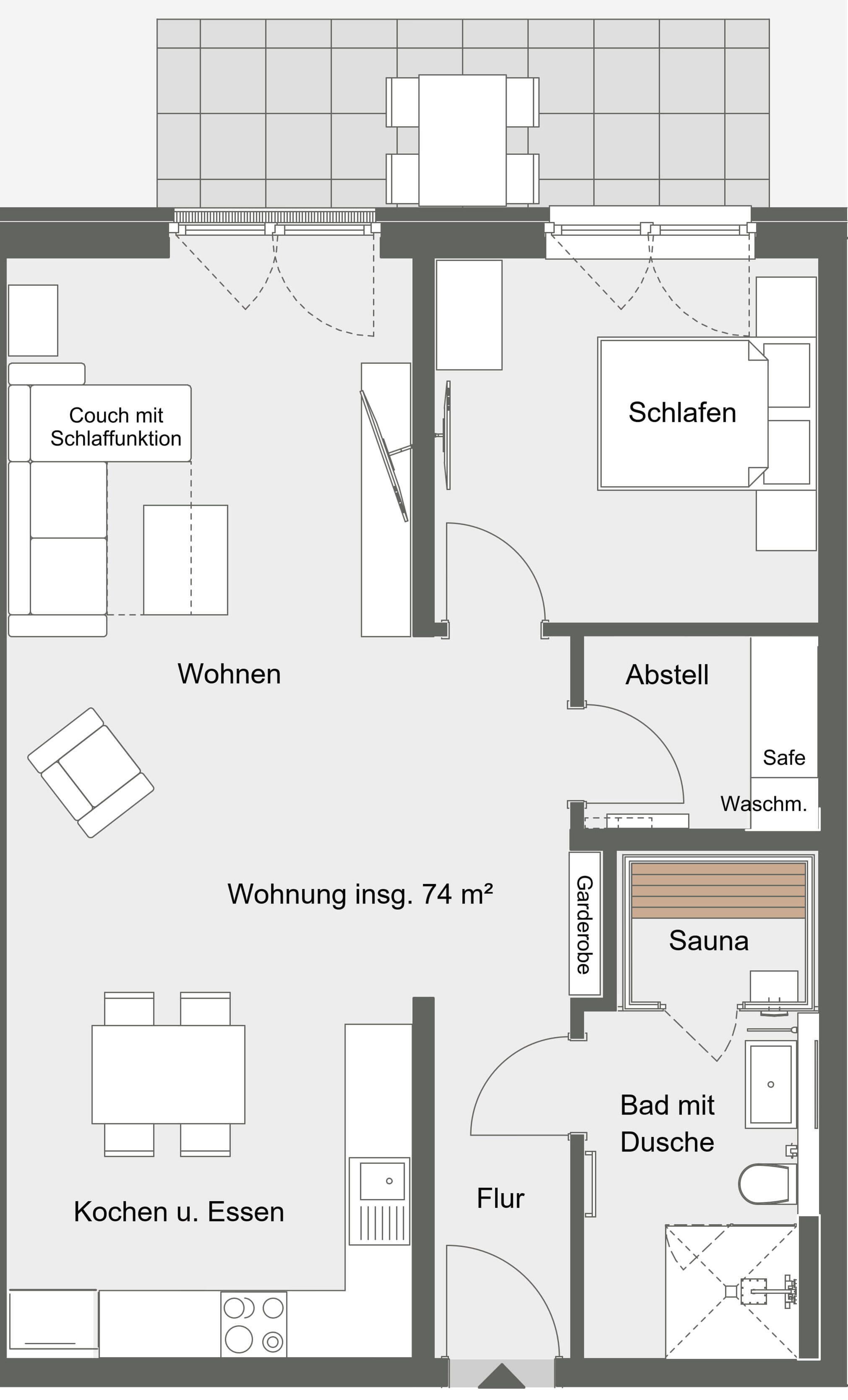 Ein Grundriss mit Wohnzimmer, Schlafzimmer, Badezimmer, Küche und einer Sauna.