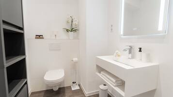 Dusche, Haartrockner, Handtücher, Seife