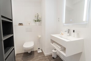 Douche, sèche-cheveux, serviettes fournies, savon