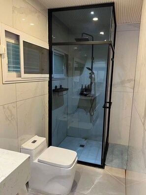 Douche, baignoire à jets, sèche-cheveux, serviettes fournies