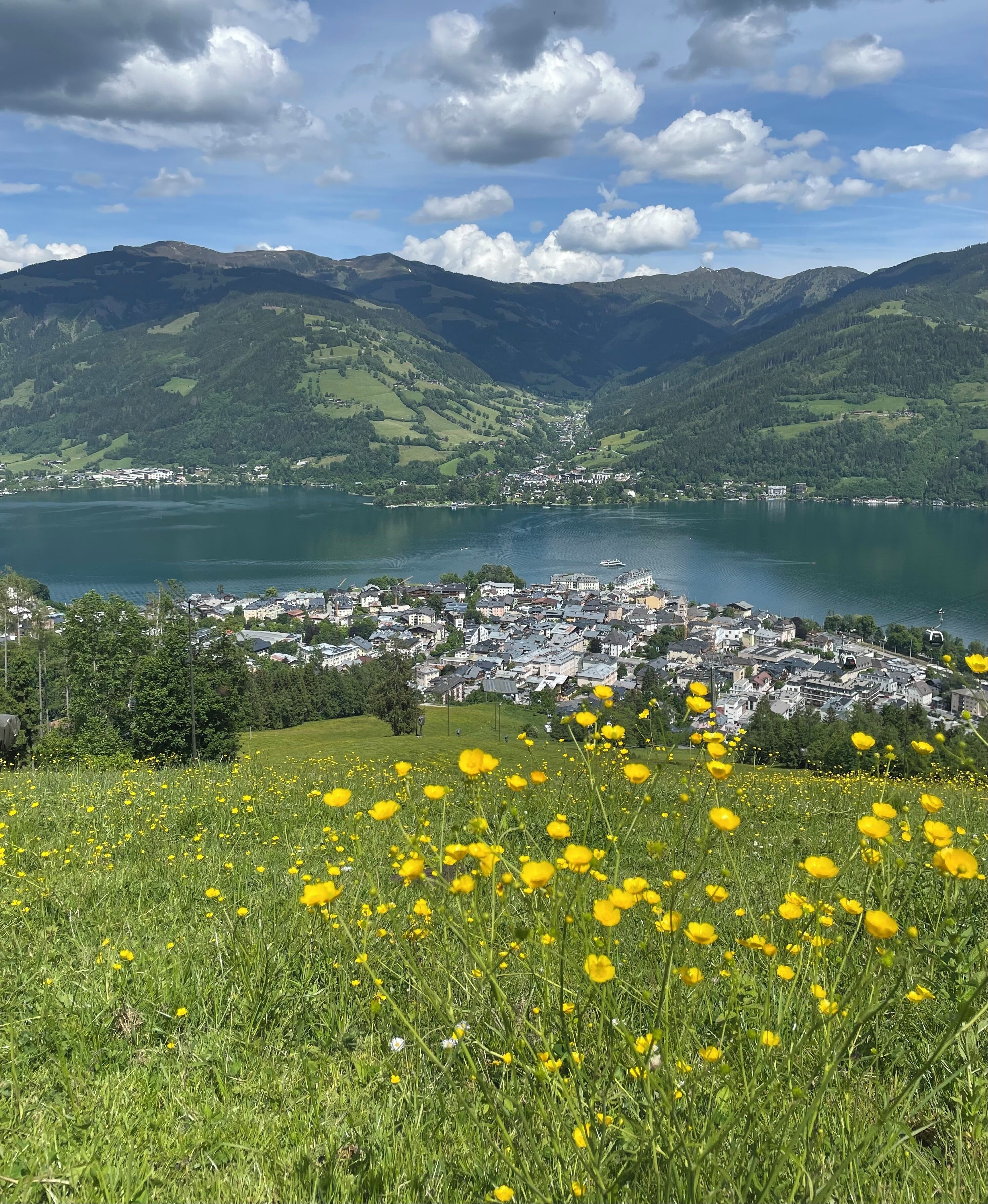 A town by a lake with mountains in the background.