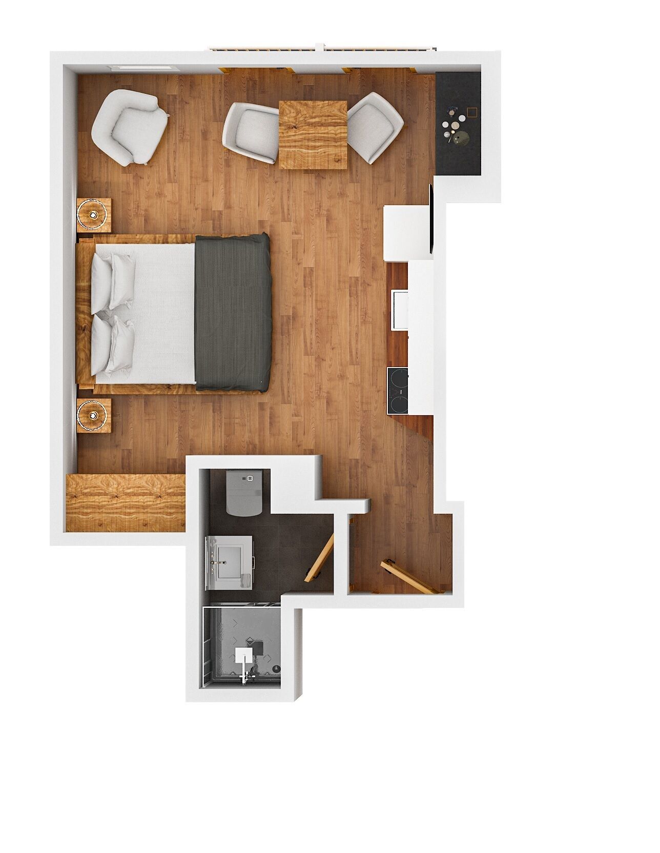 Quarto com uma cama, duas cadeiras, uma mesa pequena, uma escrivaninha e uma cozinha compacta.