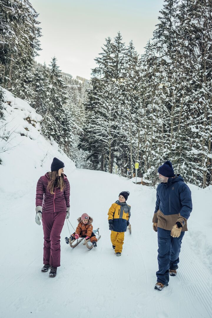 Paisaje nevado de un bosque con personas deslizándose en trineos.