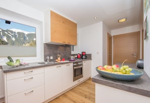 Schmittenblick mit 2 Schlafzimmern, Seeblick und Balkon | Private kitchen | Full-size fridge, oven, stovetop, dishwasher