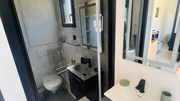 Chuveiro, secador de cabelo, toalhas de banho, sabonete