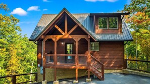 Une cabane en bois dotée d’une véranda, d’un escalier et d’un toit en métal.