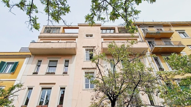 Un edificio de varios pisos con balcones, una puerta verde y un árbol en frente.