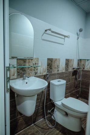 Shower, hair dryer, bidet, towels