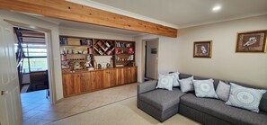 Smart TV, fireplace, books