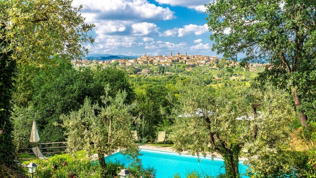 Una piscina rodeada de abundante vegetación, con vistas a un pueblo lejano.