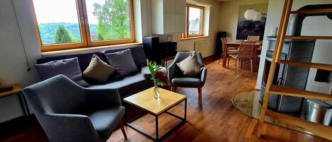 Fernseher, Kamin, DVD-Player, Stereoanlage