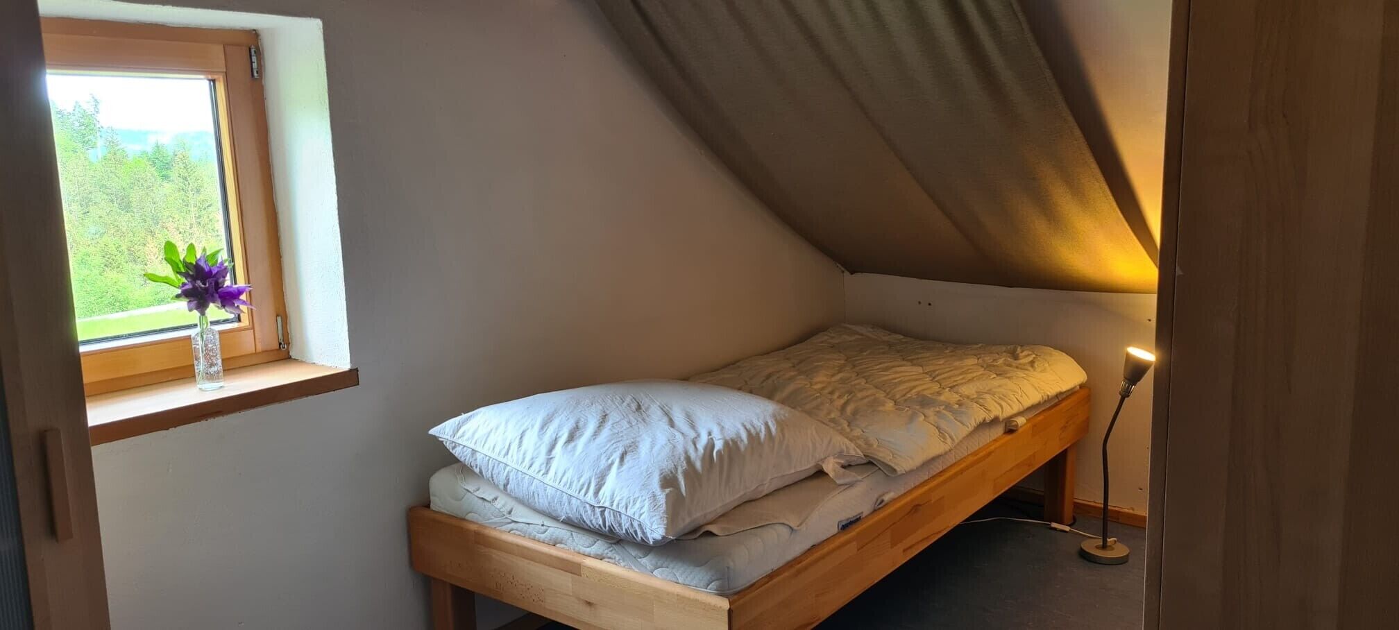 A small, single-bed room with a window, a bedside lamp, and a view of greenery outside.