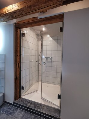 Shower, free toiletries, hair dryer, towels