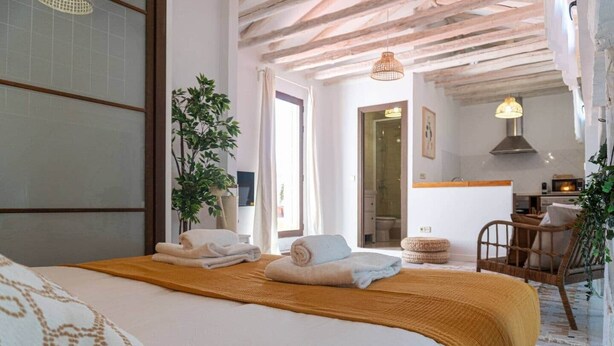A bedroom with a bed, towels, a plant, and a view into the bathroom.