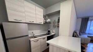 A modern kitchen with a built-in refrigerator, a sink, and a countertop. There is a dining area with a sofa and a window. - 012 Trilocale Pinzolo (Pinzolo)