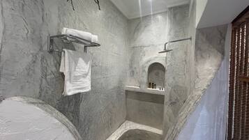 Classic Double Room, Patio, Courtyard View | Bathroom | Shower, bathrobes, slippers, towels