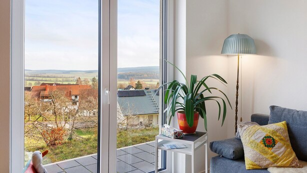 A room with a large window, a sofa, a lamp, and a potted plant.