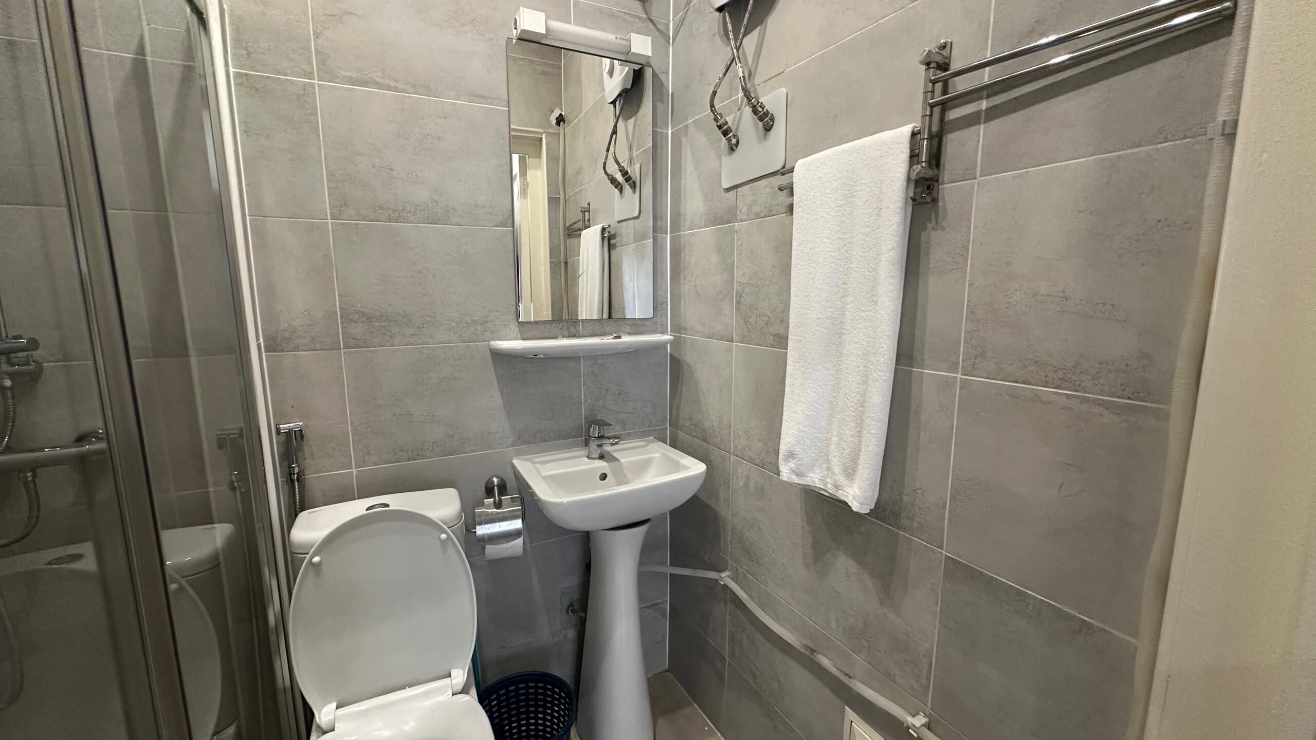 Ein Badezimmer mit Toilette, Waschbecken und Dusche.