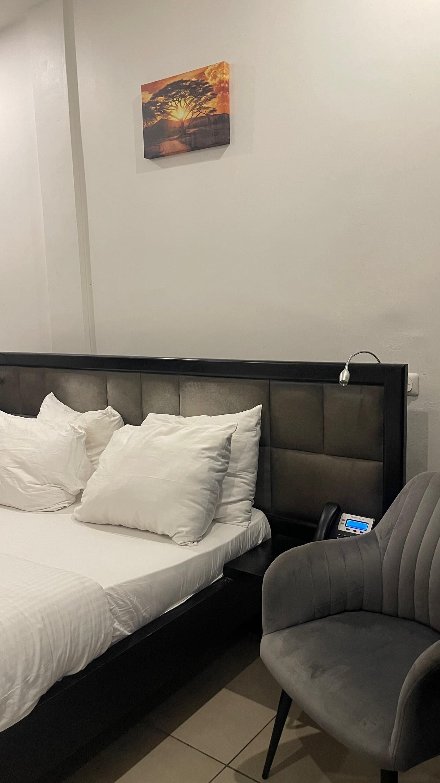 Una camera d'albergo con un letto, cuscini, una sedia, un comodino e un quadro appeso al muro.