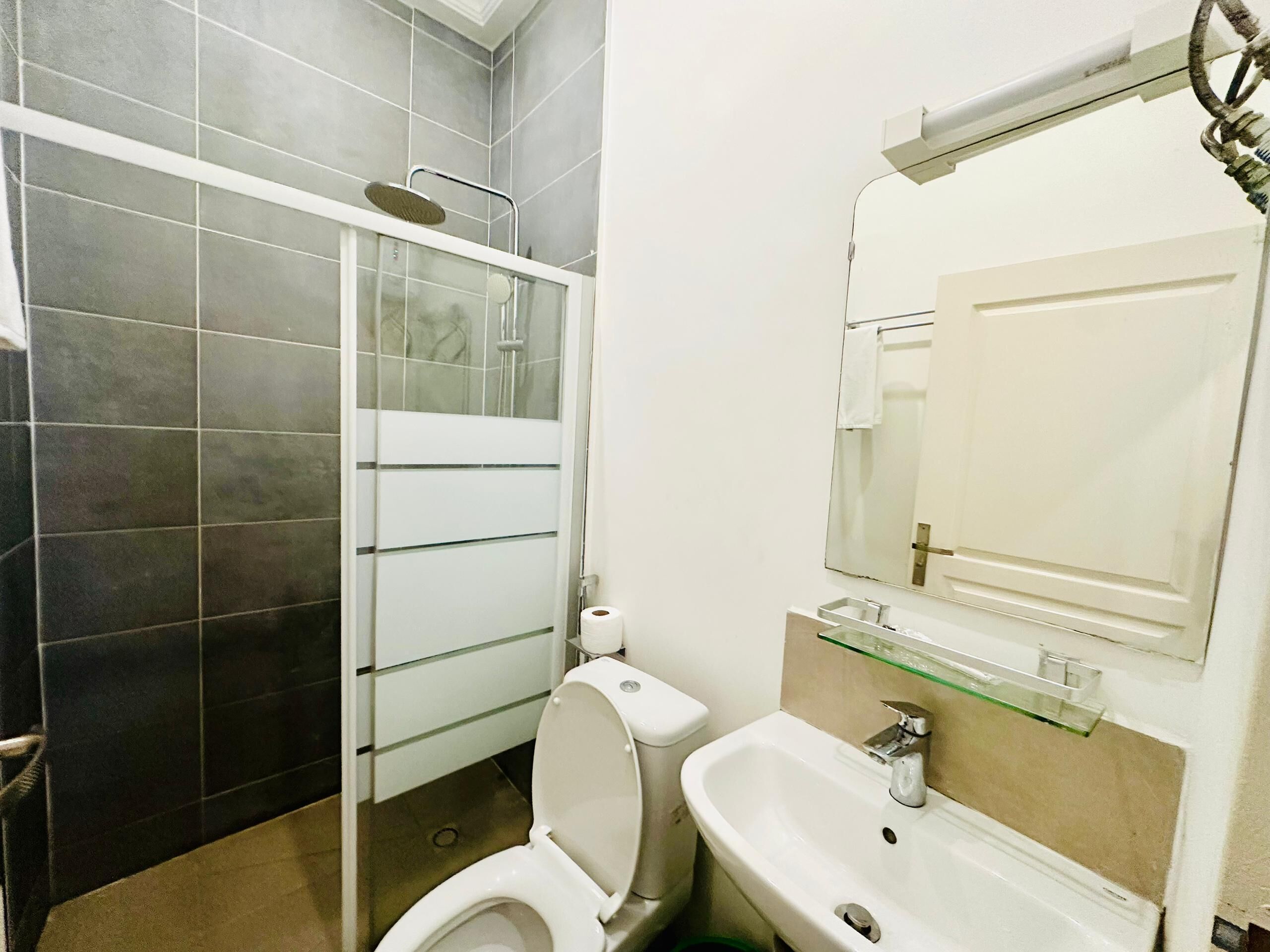 Un baño con inodoro, lavamanos y ducha.