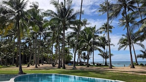 Piscina rodeada de palmeras y vista a la playa.
