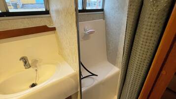 Shower, towels, soap, toilet paper