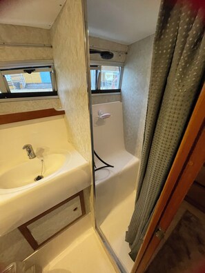 Shower, towels, soap, toilet paper