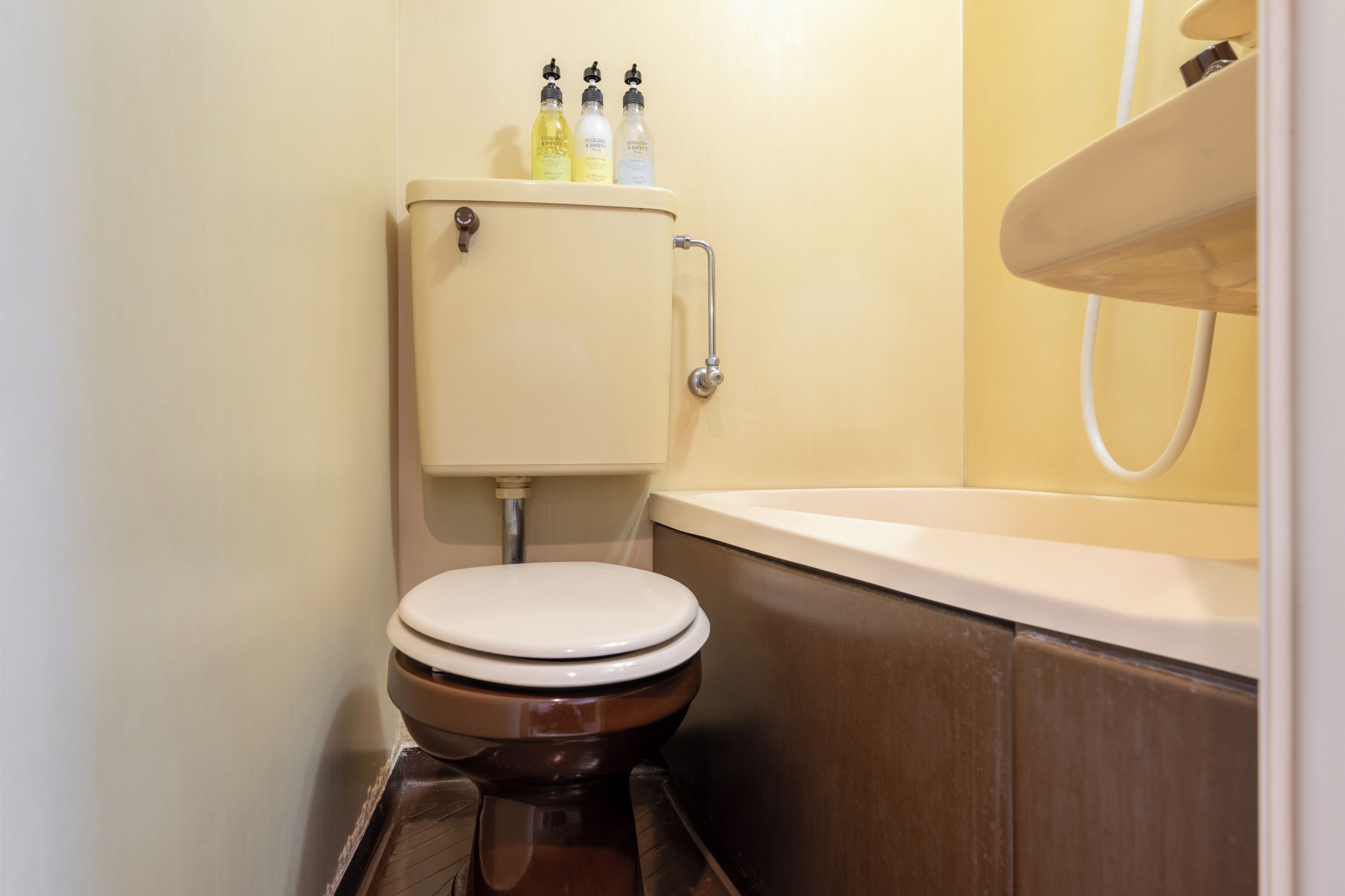 Ein kleines Badezimmer mit Toilette, Waschbecken und drei Flaschen Pflegeprodukte an der Wand.