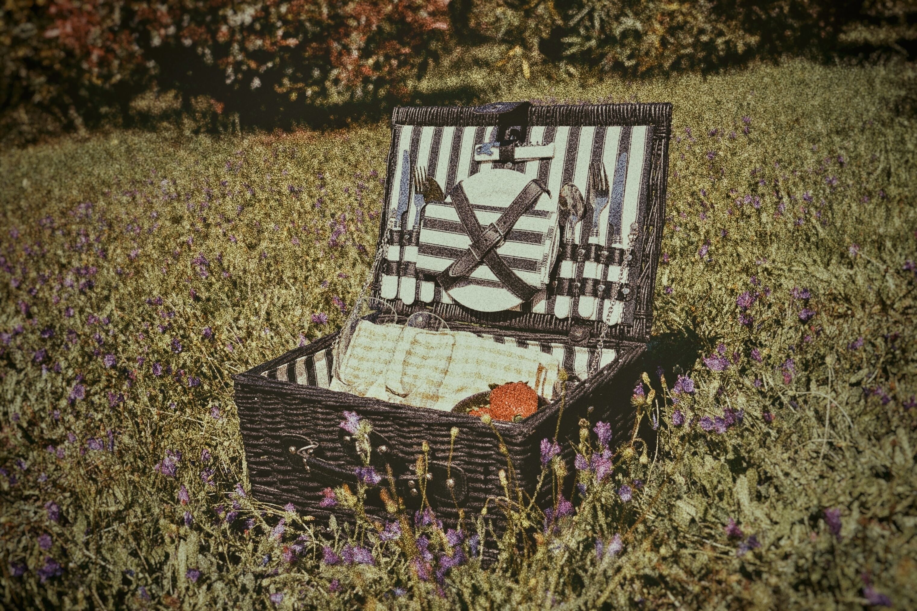 Une boîte en osier, dont l’intérieur est rayé, posée au milieu d’un champ de fleurs violettes.