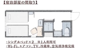 A hotel room layout with a single bed, TV, air conditioning unit, and a small bathroom. - NikkaHotel togo (Togo)