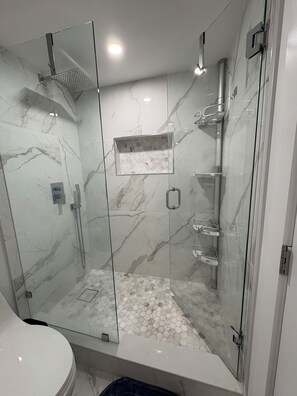 Hair dryer, towels, soap, toilet paper